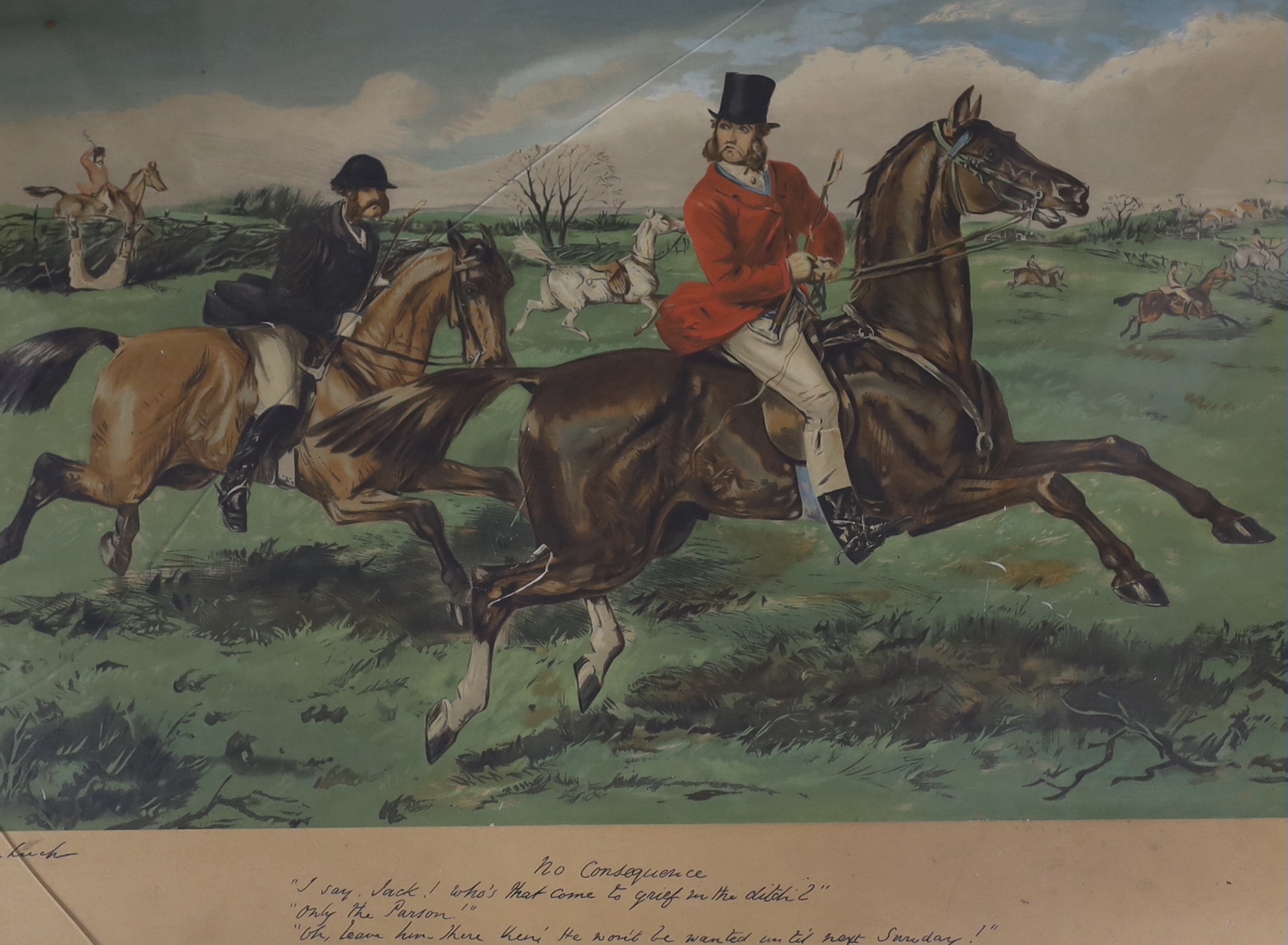 Early 20th century, naive oil on canvas, Study of a horse, indistinctly signed and dated 1901, together with a chromolithograph of a hunting scene by Punch cartoonist John Leech, largest 62 x 47cm